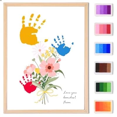 [PANIED] Flower Bouquet Handprint Art Craft DIY Kit, Unique Gifts for Mom & Grandma From Daughter or Son for Mother's Day Birthday, Anniversary Day, 6 Colors Non-toxic Inkpads(12" X 16", With Wood Frame)