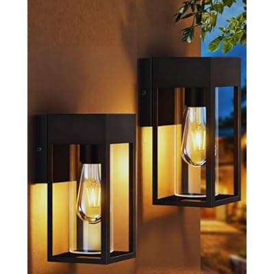 [LWSOY] LWSOY 2-Pack Outdoor Wall Light Fixtures, Waterproof Exterior Wall Lanterns, Porch Lights with E26 Sockets & Cylinder Glass Shades, Modern Matte Black Wall Sconce for Porch Patio Garage