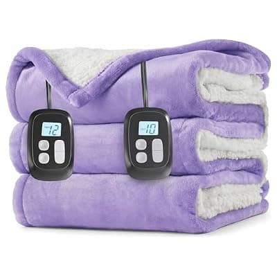 [LaffyLo] LaffyLo Electric Heated Blanket Queen Size 84 x 90, Dual Control, Fast Heating Blanket, Dual-Sided Flannel Sherpa, 10 Heat Settings, 1-12 Hour Auto Off, Machine Washable, Light Purple