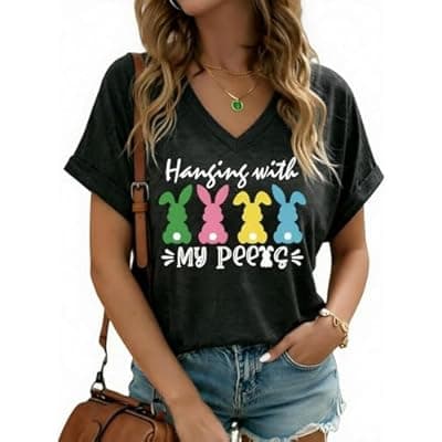 [Aurestride] Easter Shirts for Women V Neck Happy Easter T Shirt Easter Bunny Tee Cute Rabbit Graphic Tops