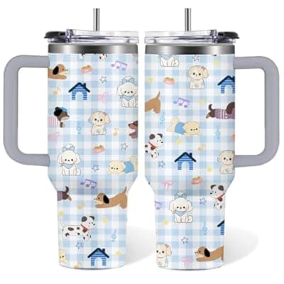 [RHONGE] RHONGE Dog Tumbler With Handle And Straw 30 Oz, Blue Puppy Stainless Steel Vacuum Tumbler 30 Oz, Birthday Christmas Graduation Gifts For Women Dog Mom Sister Best Friends, Travel Coffee Insulated Cup