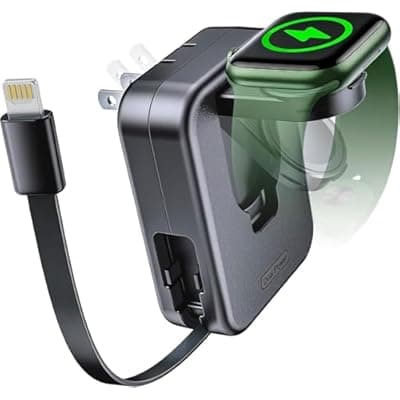 [AFLYDOG] AFLYDOG for Apple Watch Charger Block, 2 in 1 Wall Charger with Built-in Retractable Charging Cable, Travel Foldable Plug Power Adapter Compatible with iPhone iWatch (Black)