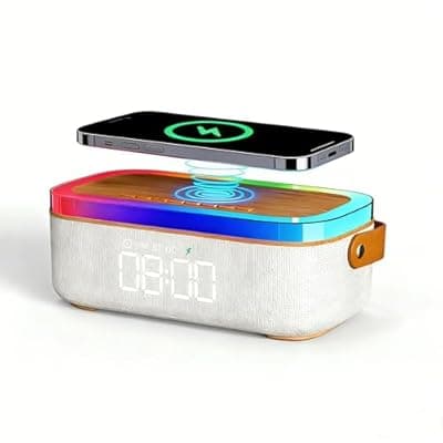 [PLUWEL] PLUWEL 4-in-1 Alarm Clock Bedrooms for Heavy Sleeper, Bluetooth Clock Sync with Phone, Portable Bluetooth Speaker, 15W Wireless Charging Station, Ambient Mood Night Light, Trendy Gift Room Decor