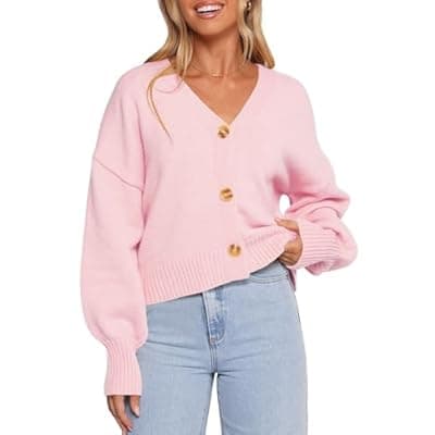 Balimtoy Womens V Neck Cropped Cardigan Lightweight Cute Puff Long Sleeve Button Up Relaxed Fit Fall Sweater Jacket