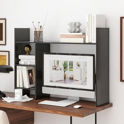 [FTZxHKLX] FTZxHKLX Desktop Bookshelf, Wood Desk Organizer Hutch with 3 Shelves for Computer Desk, 37.4'' Multipurpose Display Rack with Storage for College Dorm Office Home, Black