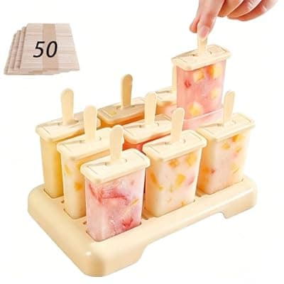 [Alegend] Popsicle Molds Set 9 Pieces with 50 disposable wooden sticks-BPA Free,Easy-Release Ice Pop Molds,Homemade Ice Cream Molds(Beige)