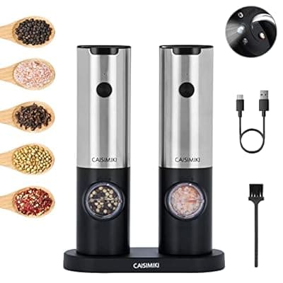 CAISIMIKI Electric Salt and Pepper Grinder Set Rechargeable Automatic Pepper Mill Grinder Stainless Steel Kitchen Gadgets Adjustable Coarseness Shakers, One Hand Operation, 2 Pack
