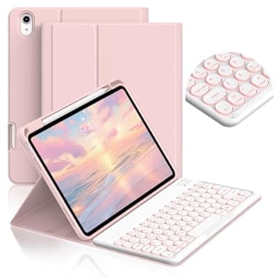 [JKSML] JKSML for iPad (A16) 11th/10th Gen case with Keyboard, Round Key, 7 Color Backlit, Detachable Wireless Keyboard, Stand Folio Cover with Side Pen Holder for iPad 10.9" (2022)/ 11" (2025) - Pink