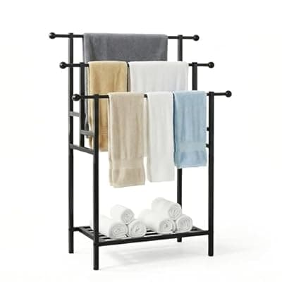 [Xizlapu] 3 Tier Alloy Steel Towel Rack, 35" H Free Standing with Basket, Blanket Drying and Display for Oversized Bath Towels, Bathroom Accessories