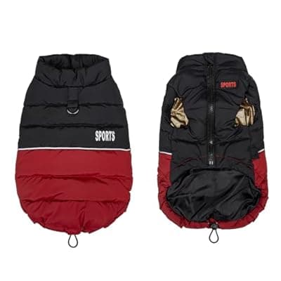 [BROUAURPE] BROUAURPE Dog Winter Puffer Jacket, Warm and Water-Resistant Coat with Leash Ring, Stylish Color Block Design for Small to Medium Dogs (Red, XX-Large)