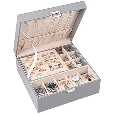 [Voova] Voova Jewelry Box Organizer for Men Women, 2 Layer 5 Slot Watch Storage Case with Removable Tray, PU Leather Large Jewellery Holder Display for Watches Sunglasses Rings Earrings Necklace, Grey