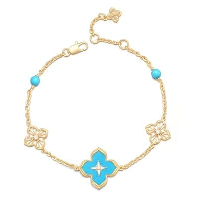 [MYEARS] MYEARS Women Bracelet Gold Clover Flower Bead Sideways Charm Cubic Zirconia 14K Dainty Simple Thick Chain Everyday Trendy Lucky Jewelry