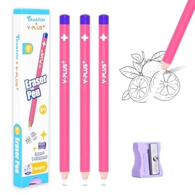 [trailfun] TrailFun Pen Style Eraser Eraser Pen, 3 Pcs Eraser Pen with Sharpener, Sharpenable Eraser Stick, School Art Supplies for Kids Artist Adult-Pink