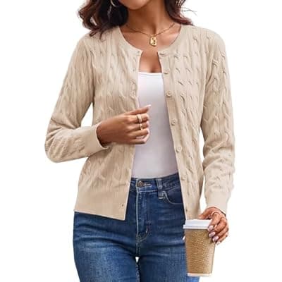 [GRACE KARIN] GRACE KARIN Womens Long Sleeve Button Up Cable Knit Cardigan Lightweight 2026 Crewneck Button Down Sweaters for Women