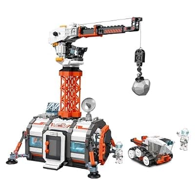 [Xbert brix] Space Base Building Sets, Tower Crane with Space Vehicles & 2 Minifigures | Space Toys, Birthday and Holiday Gift for Boys, STEM Toy