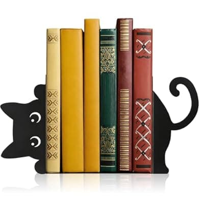 [Yoljun] Pack of 2 Metal Bookends, Cat Bookends, Decorative Black Bookend for Shelf, Office and Home, Gift for Book Lovers and Cat Lovers, 18 x 15 x 4 cm
