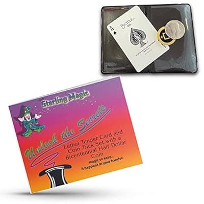 [Hat Trick Magic] Ted's Sterling Magic Lethal Tender Card and Coin Trick Set, Astounding, Self-Working, Precision Made Magic with a Bicentennial Half Dollar Coin (Blue Back Card, Traditional Style Coin)