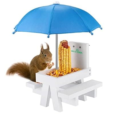 [MIXXIDEA] MIXXIDEA Squirrel Feeder Table with Umbrella, Wooden Squirrel Picnic Table Feeder, Durable Squirrel Feeder Corn Cob Holder, with Solid Structure and 2 x Thick Benches(White&Blue)