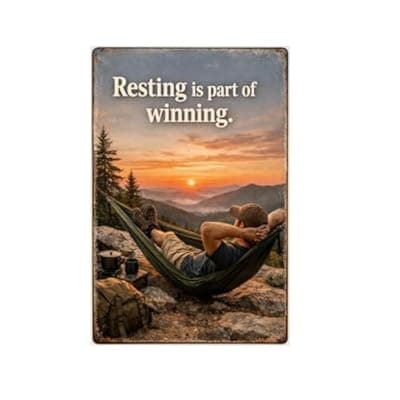 [Carastora] Resting Is Part Of Winning Tin Sign Inspirational Quote Metal Wall Decor Mountain Sunset Hammock Camping Scene Rustic Motivation Plaque Relax Outdoor Adventure Art For Home Office Cabin 8x12 Inch