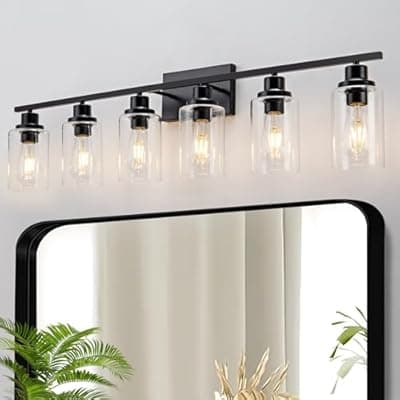 [HCCZ] HCCZ 6 Light Bathroom Light Fixtures Black Vanity Light Over Mirror Modern Farmhouse Wall Lighting Sconces Wall Lamp for Bathroom, Bedroom, Living Room E26 Socket with Glass Shade