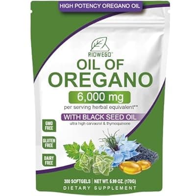 RIOWEGO Oil of Oregano Softgels with Black Seed Oil, 6000mg High Potency Oregano Oil Capsules for Immune Support, Gut Function Support, Carvacrol & Thymoquinone, Non-GMO, Gluten Free, 300 Softgels