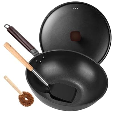 [Teewe] Teewe Carbon Steel Wok Pan - 13" Wok Pan with Lid, Woks & Stir-Fry Pans Nonstick with Spatula & Brush, Chinese Wok Flat Bottom Wok for Induction, Electric, Gas, All Stoves