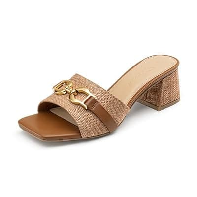 [Athlefit] Athlefit Women's Raffia Heeled Sandals Square Open Toe Slip On Mules Chunky Block Heels with Metal Chain for Summer Vacation