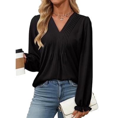 Dokotoo Business Casual Tops for Women Trendy Long Sleeve Black Blouses Fall Smocked Tunic Tops Fashion V Neck Shirts Casual Loose Pleated T-Shirts X-Large