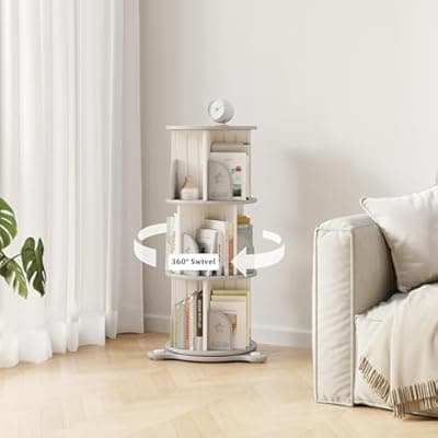 [Deer COCO] Deer COCO 3-Tier Rotating Bookshelf, 360° Spinning Corner Bookcase with Display Stand - HDPE Plastic Book Storage Organizer for Bedroom, Home Office, Classroom, Living Room