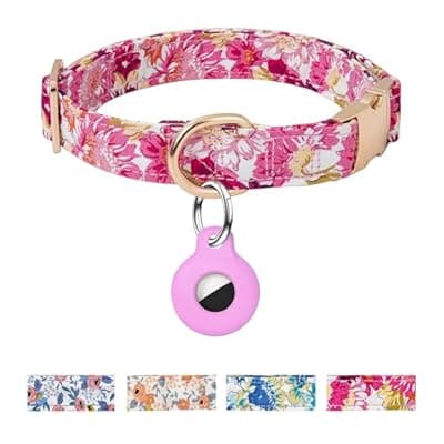 [OEBEESA] AirTag Dog Collar,Adjustable Dog Collars with AirTag Holder,Cute Puppy Collars with Metal Buckle, Soft Padded Blue Flower Patterns Pet Collar for Small Medium Large Dogs