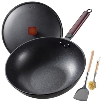 [Teewe] Teewe Carbon Steel Wok -13 Inch Woks & Stir-fry Pans Nonstick, Wok Pan with Lid Spatula and Dish Brush: Pre-Seasoned Flat Bottom Chinese Woks for Induction, Electric, Gas, All Stoves