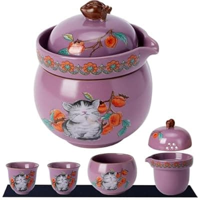 [Foinly] Mini Tea Cups,Cute Lucky Cat Cups,Small Tea Mugs,Porcelain Gongfu Tea set with 3 in 1,Tea Sets for Adults,Ceramic Tea Infuser Cup for Loose Leaf for Women/Tea Lovers/Birthday/Easter's Day (Purple)