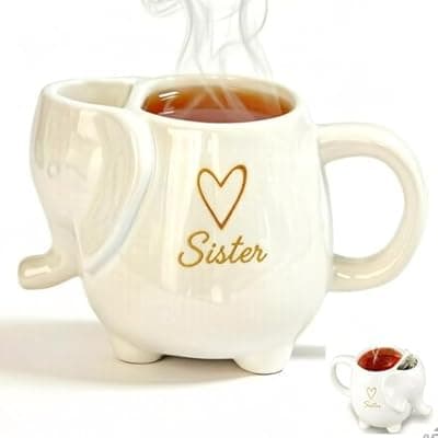 [AKLOPE] AKLOPE Elephant Shaped Tea Mug with Mom Heart Design, White Ceramic Stoneware Cup with Tea Bag Holder, 15 Ounce (15 oz, Sister)