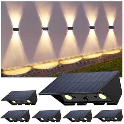Solar Fence Lights with 4 Bulbs, 6 Pack WarmWhite Fence Lights Solar Powered, IP54 Waterproof Solar Wall Lights for Up&Down, Dusk to Dawn 12 Hours Auto Illuminate for Deck/Wall/Step/Patio/Yard/House