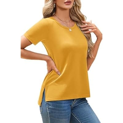 [Herou] Herou Summer Women Casual Short Sleeve Tops T-Shirts Tees with Side Split