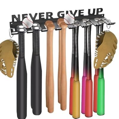 [Sahans] Sahans Baseball Bat Holder Wall Mount Softball Storage Hooks Metal Rack Hanger Fence on Wall Home and Field for Display Heavy Duty Steel Organizer Hanging Sports Equipment Holds 14 Bats Never Give UP