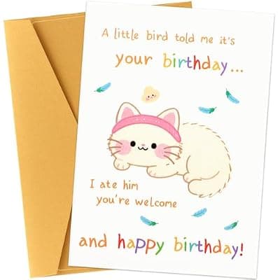[Ethanberg] Ethanberg Funny White Cat Birthday Card, Cute Greeting Card for Cat Owner Cat Lover Cat Mom Cat Dad, Cute Cat Happy Birthday Card, A Little Bird Told Me It Is Your Birthday