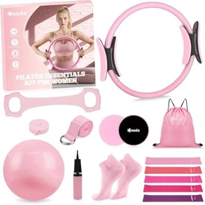 [Hoedia] Hoedia 17 PCS Pilates Kit for Women, Pilates Equipment Ring and Ball Set with Resistance Bands, Yoga Strap, Core Sliders, Socks, Bag & Guide for Starter Home Workout Fitness Gym Essentials