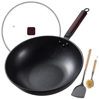 [Teewe] Teewe Carbon Steel Wok -13 Inch Woks & Stir-fry Pans Nonstick, Wok Pan with Glass Lid Spatula and Dish Brush: Pre-Seasoned Flat Bottom Chinese Wok for Induction, Electric, Gas, All Stoves