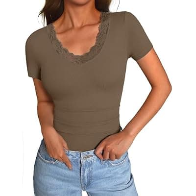 [GKBK] GKBK Women's V Neck Lace Tops Short Sleeve Cute Y2k Top Basic Tee Ribbed Fitted Shirts Going Out Summer Fashion Clothes