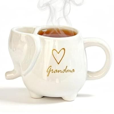 [Web Launcher String Shooters] Web Launcher String Shooters Elephant Tea Mug with Sister Text, 15 Ounce Ceramic Coffee Cup with Heart Design and Tea Bag Holder, White Stoneware Mug for Daily Use (Grandma, White)