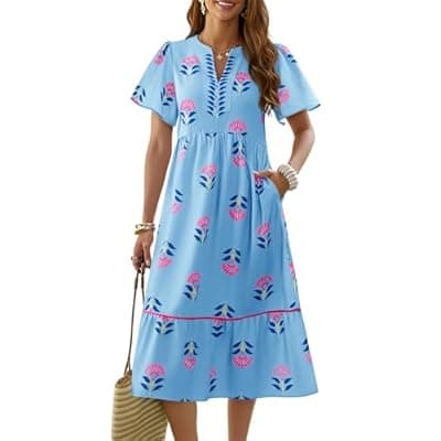 Wenrine Womens Summer Floral Midi Dress Casual Short Sleeve V Neck Flowy Ruffle Boho Beach Sundress with Pockets