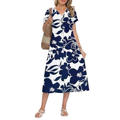 [WNEEDU] WNEEDU Womens Summer Midi Dresses 2026 Casual Loose Twist Front Short Sleeve V Neck Tshirt Dress Travel Vacation Outfits