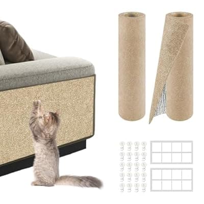 Cat Scratch Mat for Couch, Wall & Cat Tree – 78.7" Trimmable Self-Adhesive Cat Scratcher, Furniture Protector for Cats, Felt Alternative to Sisal, DIY Replacement for Cat Tower, 2 Pack (Khaki)
