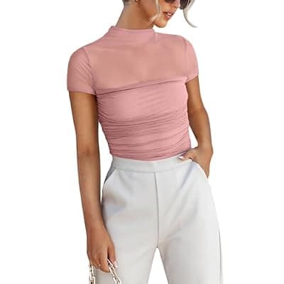 [REORIA] REORIA Women's Sexy Mock Turtle Neck Short Sleeve Shirts Sheer Mesh Ruched Trendy Going Out Bodysuits Tops