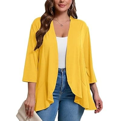 [AusLook] AusLook Women's Plus Size 3/4 Sleeves Lightweight Open Front Cardigan Draped Ruffles Shawls and Wraps Shrugs Kimono Jacket