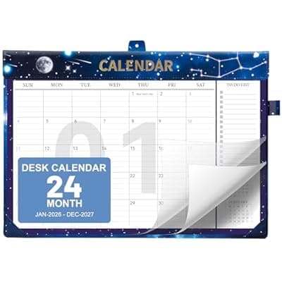 [MINICAGIE] MINICAGIE Desk Calendar 2026-2027 Jan 2026-Dec 2027 Leather 17x12 Desk Top Calendar with Plastic Cover & To-Do Lists Large Desktop 2026 Office Wall Calendar for Office School Home, Women Men Gift, Blu