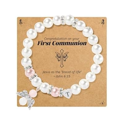 [BAYLAY] BAYLAY First Communion Gifts for Girls, First Communion Bracelet for Girls, Angel Wings Heart Letter Initial Pearl Bracelet, First Communion Gifts for Girls Catholic, Teen Girls First Communion Gifts