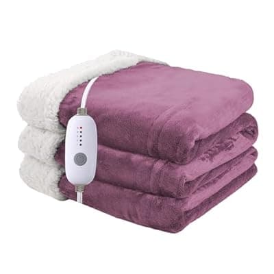 [Minervada] Heated Blanket Electric Throw Size 50''x60'' with 5 Heating Levels, 3 Hour Auto Shut Off, Machine Washable, Flannel & Sherpa Double-Sided Soft Warming Blanket for Couch, Bed, Office - Purple