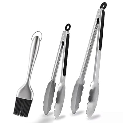 [RFSCDI] RFSCDI Stainless Steel Kitchen Tongs & Basting Brush Set – Heat Resistant Up to 600°F, Metal Locking Tongs for Cooking, Grilling, Baking & Barbeque (Silver, 9+12 inch)